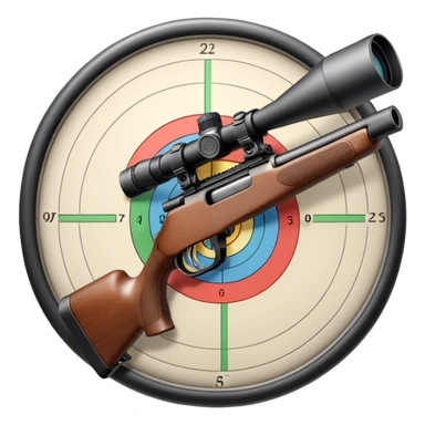 A detailed rifle with a scope, pointing towards a perfectly centered target with concentric rings. The scene highlights the precision and focus required in sports shooting, with no shooter in sight, just the rifle and target in a calm, focused setting. sticker