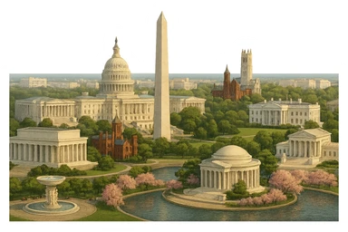 cinematic realistic emoji of Washington DC, wide city view featuring US Capitol, Washington Monument, Lincoln Memorial, Jefferson Memorial, White House, Smithsonian Castle, National Cathedral, Supreme Court, Tidal Basin with cherry blossoms, and Dupont Circle Fountain. Lifelike detail, accurate colors, bright daytime lighting, no sky, no clouds, no city name label, transparent background, no duplicate landmarks, balanced composition. sticker
