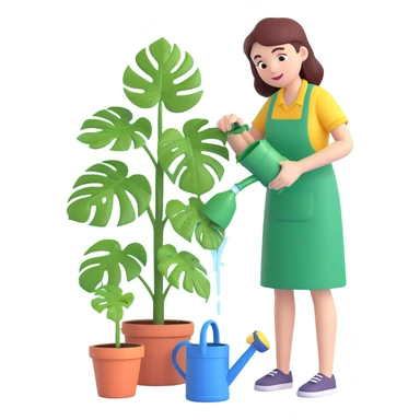 woman watering her monstera plant sticker
