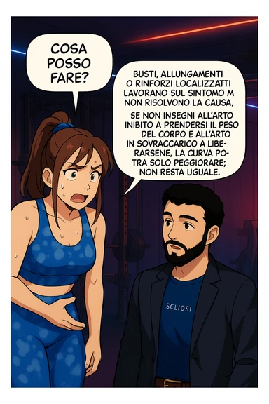 ispirati a questo stile di disegno e fai questa immagine in versione manga/webtoon a colori, il manga mostra la donna preoccupata che chiede: "COSA POSSO FARE?" E L'UOMO CHE RISPONDE: Busti, allungamenti o rinforzi localizzati lavorano sul sintomo ma non risolvono la causa. Se non insegni all’arto inibito a prendersi il peso del corpo e all’arto in sovraccarico a liberarsene, la curva potrà solo peggiorare; non resta uguale. Commenta con scoliosi e ti mando un esempio del lavoro da fare per recuperare simmetria ed eliminare il dolore. sticker