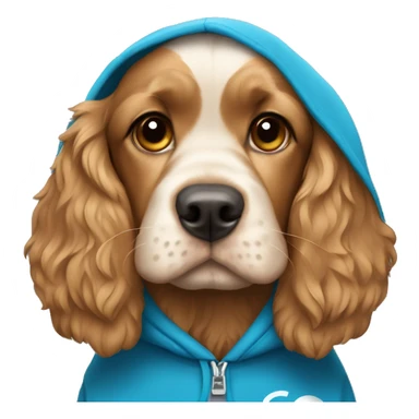 Cocker spaniel wearing a blue hoodie with the logo of toncoin sticker