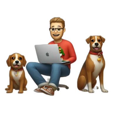 developer on a beach with a macbook and 2 dogs and santa's raindeers sticker