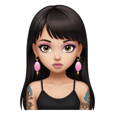 generate a pretty bratz girl in black cami top, dark brown straight long hair with bangs, eyeliner on, with tattoos sticker