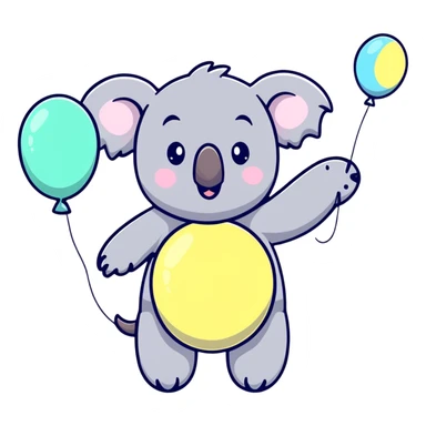 koala floating with pastel balloons, happy face sticker