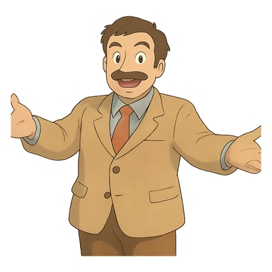 man gesturing in a welcoming pose in ghibli style sticker