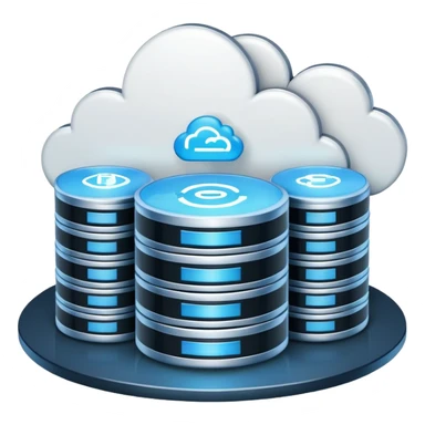 An icon featuring a database server, stacked data disks, and a cloud symbol, representing databases. The design includes binary code, a data structure diagram, and network connections, symbolizing data storage, management, and organization. Transparent background sticker