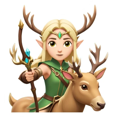 clash-of-clans-aesthetic-blond-elf-archer-portrait-emoji, rendered in a flat, vector-style with minimal shading and bold, simplified shapes, head tilted slightly forward with a determined, focused expression, riding a majestic stag whose luminous antlers glow with mystical energy, set against an ancient, enchanted forest backdrop. sticker