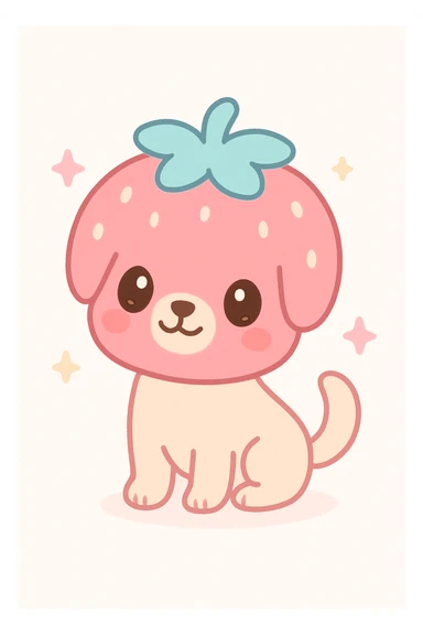 strawberry dog with dog body and strawberry as head, big eyes, adorable expression, kawaii style, minimal background sticker