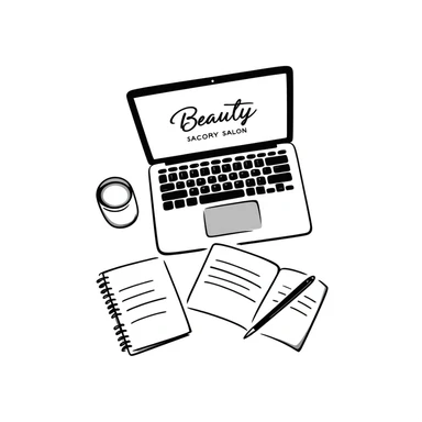 top view of a MacBook with a beauty salon logo on the screen, a notebook with one page filled with notes, and a pen laying on the notebook sticker