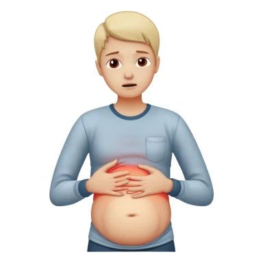 A person wearing casual clothes, holding their stomach with one hand, showing visible discomfort. A red glow appears over the abdominal area to indicate pain. Realistic medical illustration style, clean white background, focus on body language expressing stomach ache or cramps. sticker