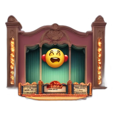 Movie theater with lights shining upward from left and right and a big sign displaying the movies playing sticker