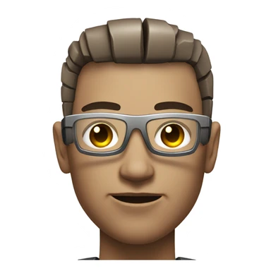 Male cyborg with metallic plated face, brown flat top haircut, glasses and circuitry sticker