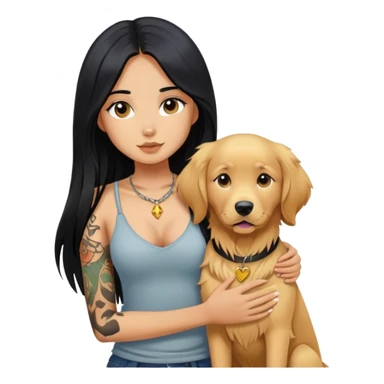 girl with long black  straight hair and chest tattoos and  a golden retriever sticker