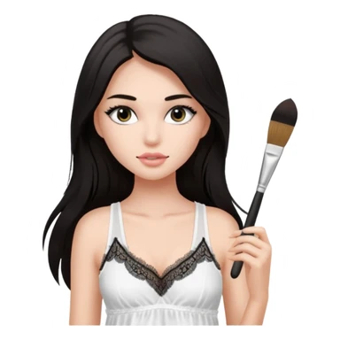Dark long hair girl wearing white victorias secret sleepwear that looks like a tank top with lace is holding a normal makeup brush. sticker