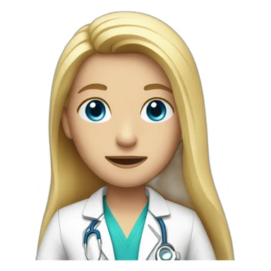 doctor with long blond hair and blue eyes and red face sticker