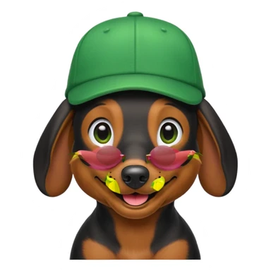 Black Dachshund in Green Cap in iOS 18 Emoji Style sticker