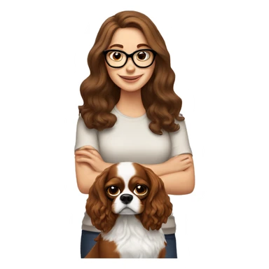 White girl with brown hair wearing glasses holds a king charles spaniel dog sticker
