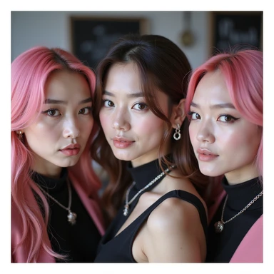 photorealistic close-up of Blackpink members, fashionable K-pop style, pink and black accents sticker