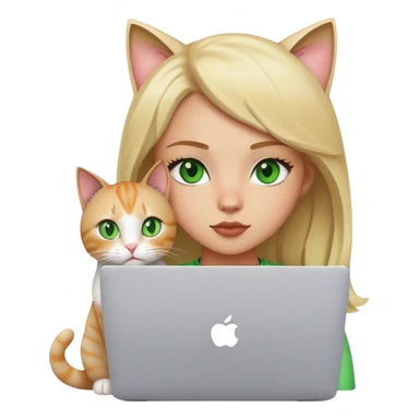 Blonde girl green eyes with apple MacBook and a cat sticker
