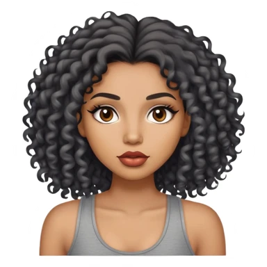 light brown skin tone, very beautiful woman, with big plump lips, long long lashes, black curly long hair, brown eyes, grey tank top sticker