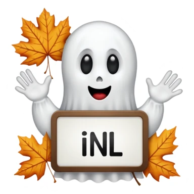 Cartoon ghost holding a sign that says “episode” in black uppercase letters. The ghost should be white and the board should be white with fall leaves around the boarder  sticker