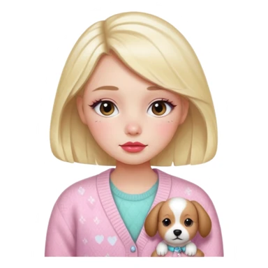 “Emoji girl, dewy skin, flushed blush across cheeks and nose, glossy cherry lips, soft puppy eyeliner, slightly teary sparkling eyes, wearing pastel cardigan.” sticker