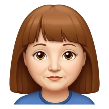 60 yr old woman, very small brown eyes, long straight brown hair, bangs, chubby sticker