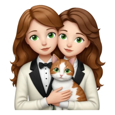 A pretty white girl with hazel brown eyes and brown wavy hair in a cosy white knit sweater, hugging a black and whitebtuxedo cat with green eyes sticker