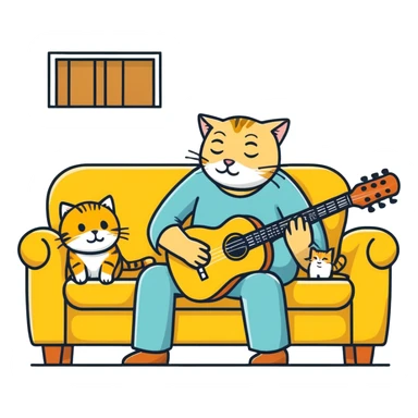  old blind man playing ￼guitar  on the couch ￼with his ￼golden cat  sticker
