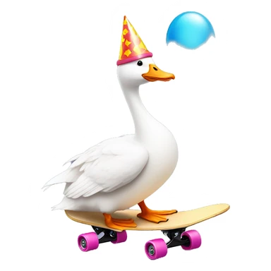 White goose wearing birthday party hat riding skateboard with balloon sticker