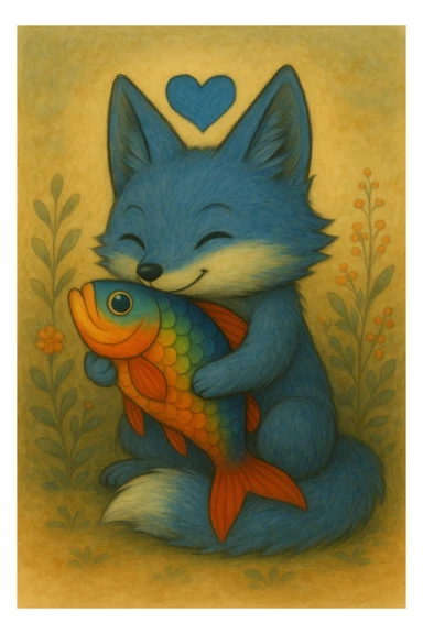 Change the heart above the blue fox and rainbow fish to a blue heart, keeping the ghibli style. sticker