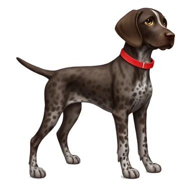 Dark Brown spotted German short haired pointer puppy with ticking with red collar  sticker