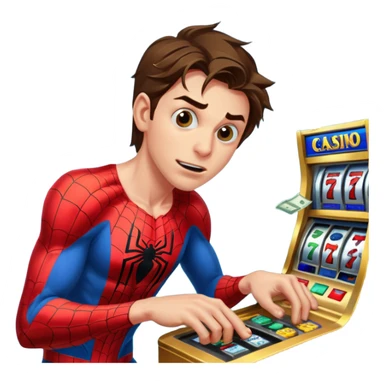 disheveled spiderman losing money at a slot machine, panicked face, coins flying sticker
