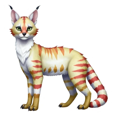 Colorful tropical tribal pale light fruity pastel white glorious iridescent divine exotic cute albino neon vibrant zigzagged cool beautiful fantasy-caracal-civet-genet-sergal-vernid-Gryphon-Cacomistle-Trico-oncilla-animal-Fakémon-hybrid-fursona (full body), facial markings,  sticker