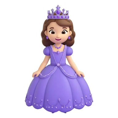 Sofia the First as a 3D emoji, wearing her signature purple dress and tiara, smiling, cute and friendly sticker