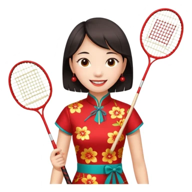 ancient cheongsam girl with 1 badminton racket, red sticker