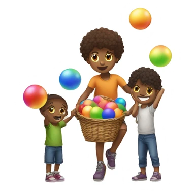 Kid holding another kids feel while other kid is holding a basket and trying to catch all the rainbow balls into the basket on the geound sticker