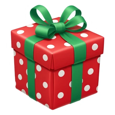 A red gift tied with a green ribbon in a white polka dot, sticker