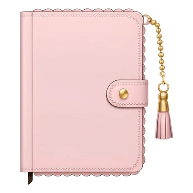 a soft pink journal with scalloped edges, tiny gold dot details, and a small tassel charm, cozy and elegant stationery vibe sticker