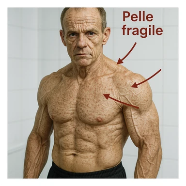 hyper realistic 25 year old bodybuilder with low collagen, aged appearance, defined muscles, skin with wrinkles and spots, red arrows and text 'Pelle fragile', clinical atmosphere, white background sticker