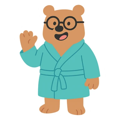 A cartoon bear wearing glasses and a bathrobe sticker