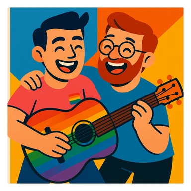 rainbow guitar being played by a joyful gay couple sticker