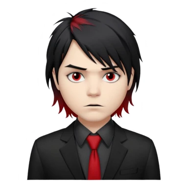 🎨 Classic Emoji — Gerard Way (Revenge Era)
Round, simplified emoji style
Pale skin tone
Jet-black, shoulder-length hair messy and emo
Heavy eyeliner and slight red shadow under the eyes
Subtle serious / melancholic expression
Hint of red tie visible on black button up shirt.
Transparent background sticker