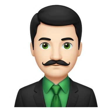 ["Fair-skinned man with black hair and a moustache, wearing a dark suit and green tie."] sticker