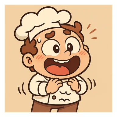 Make the chef look even hungrier with an exaggerated facial expression and a rumbling stomach, keeping a playful vibe and a simple background, cartoon style. sticker