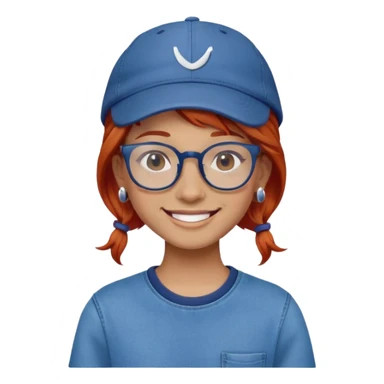 Young person with red hair, glasses, earrings and a wonderful smile, wearing blue clothes, jeans and a cap sticker