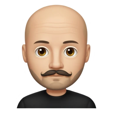 Oliver Riedel, apple style emoji, bald, with a mustache and goatee, reserved look, black clothing sticker