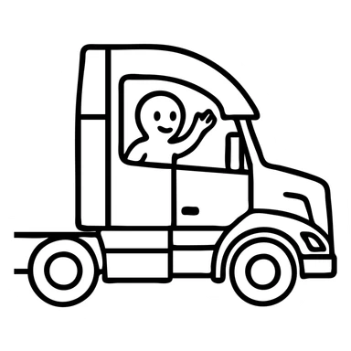 Casper the ghost waving from the window of a 2022 Volvo sleeper semi truck, outlined icon style sticker