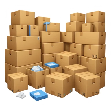 Generate a realistic emoji-style of a overfilled storage room where the packages dont have much space and everything seems chaotic sticker
