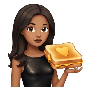 Beautiful woman in 1950’s woman fashion look, black shimmery dress, long dark brown hair, grilled cheese sandwiche sticker